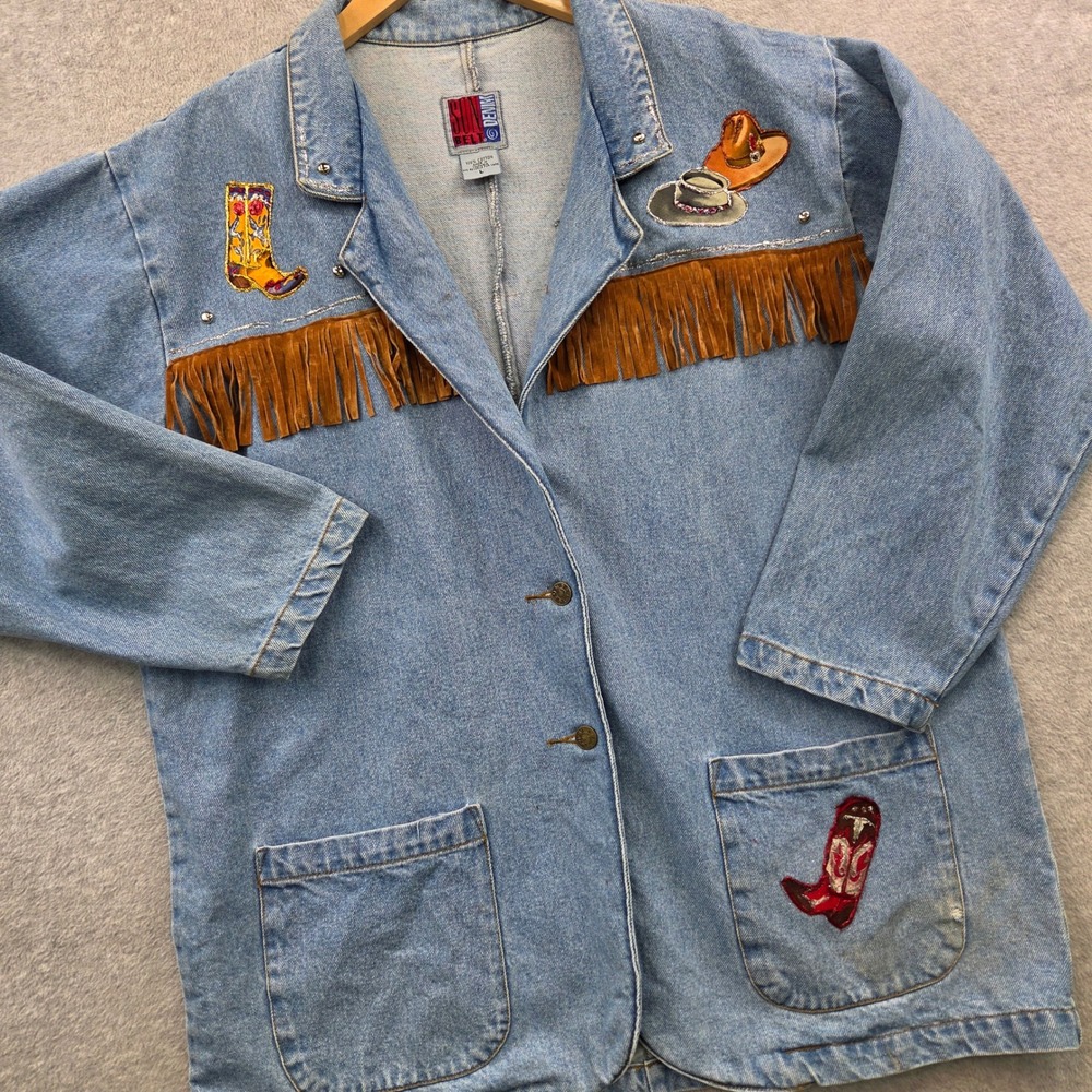 80s VTG Custom Handpainted Coastal Cowgirl Leather FRINGE Womens L Denim Jacket